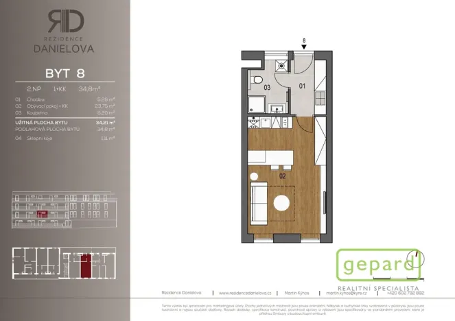 Pronájem bytu 1+kk, Praha, Danielova, 34 m2