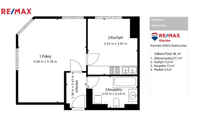 Pronájem bytu 2+kk, Karlovy Vary, K. Čapka, 48 m2