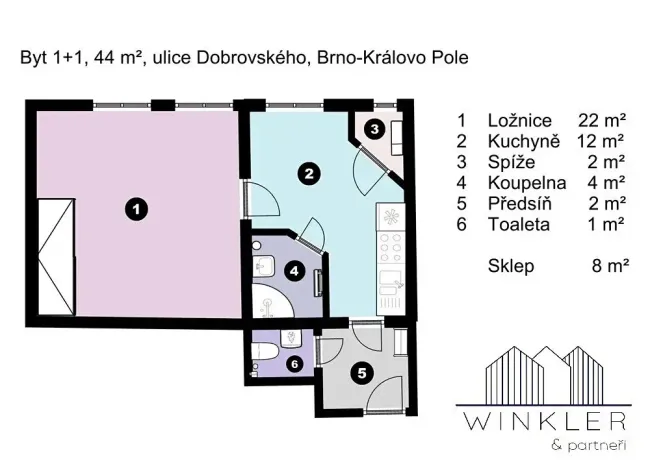 Pronájem bytu 1+1, Brno, Dobrovského, 44 m2