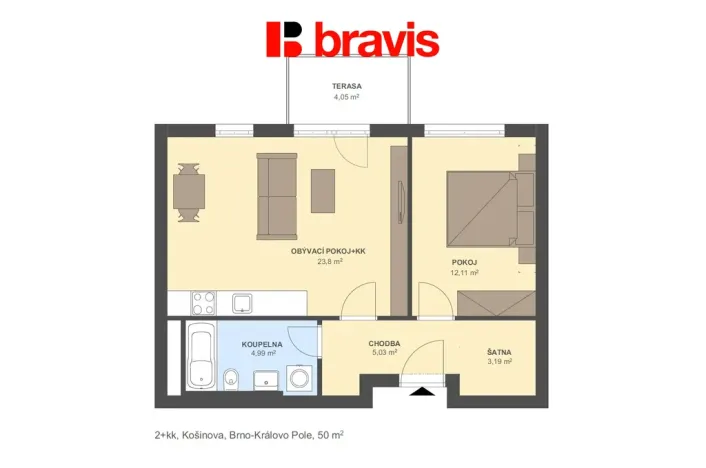 Pronájem bytu 2+kk, Brno - Královo Pole, Košinova, 50 m2