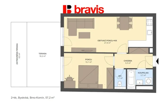 Pronájem bytu 2+kk, Brno - Komín, Bystrcká, 57 m2