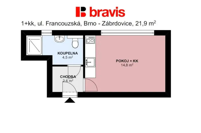 Pronájem bytu 1+kk, Brno, Francouzská, 22 m2