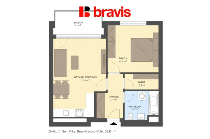 Pronájem bytu 2+kk, Brno - Černá Pole, třída Generála Píky, 52 m2