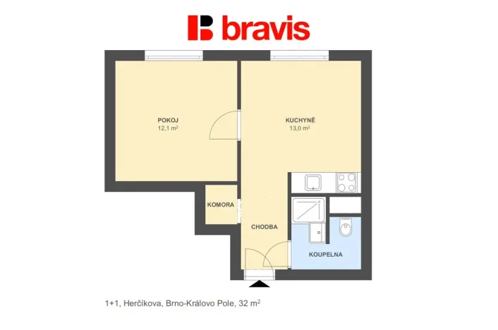 Pronájem bytu 1+1, Brno, Herčíkova, 32 m2