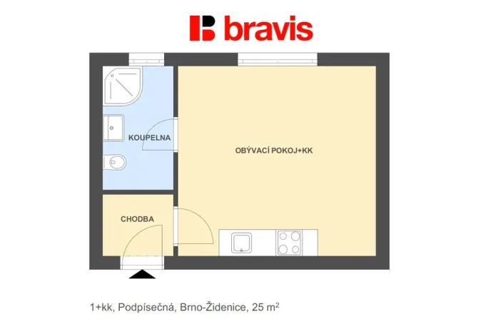 Pronájem bytu 1+kk, Brno - Židenice, Podpísečná, 25 m2