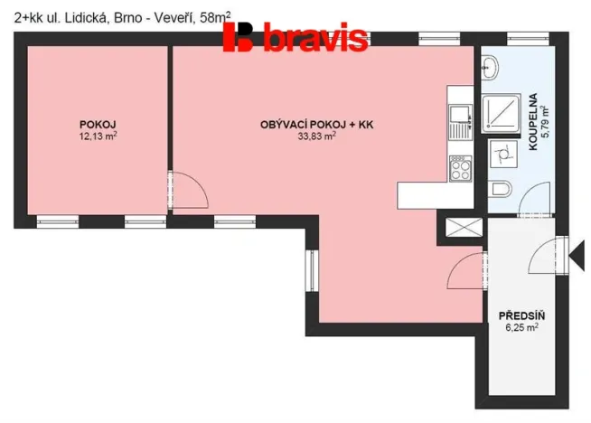 Pronájem bytu 2+kk, Brno - Veveří, Lidická, 58 m2