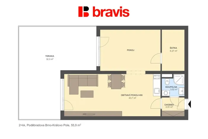 Pronájem bytu 2+kk, Brno - Ponava, Poděbradova, 56 m2