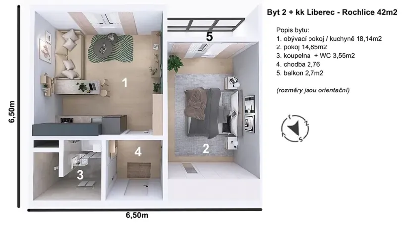 Pronájem bytu 2+kk, Liberec, Dobiášova, 42 m2
