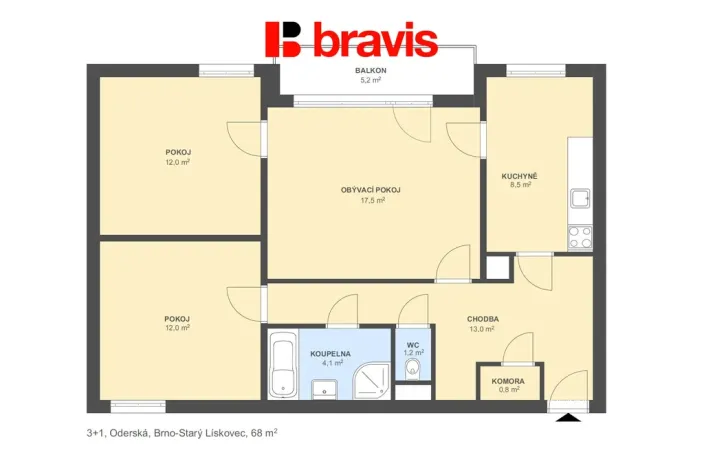 Prodej bytu 3+1, Brno - Starý Lískovec, Oderská, 68 m2