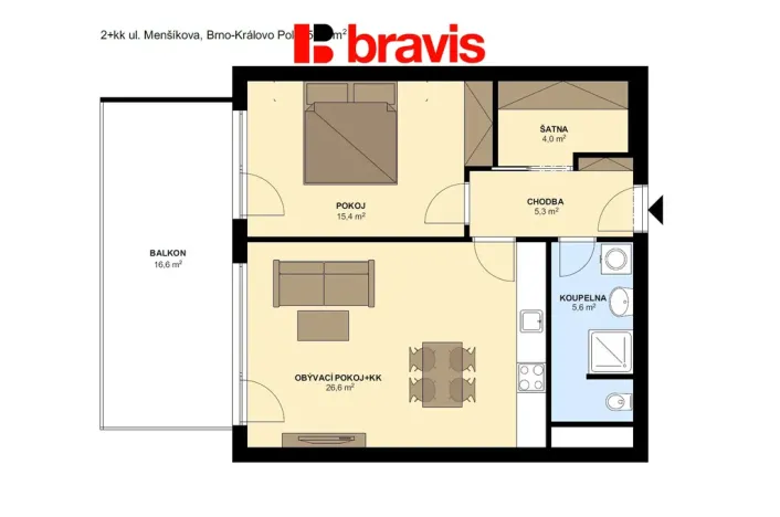 Pronájem bytu 2+kk, Brno - Sadová, Menšíkova, 57 m2