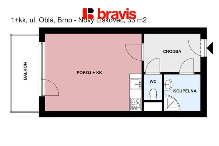 Pronájem bytu 1+kk, Brno, Oblá, 33 m2