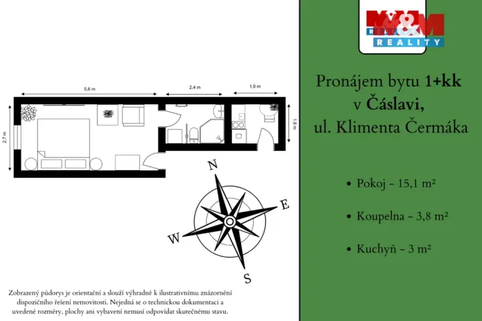Pronájem bytu 1+kk, Čáslav - Čáslav-Staré Město, Klimenta Čermáka, 21 m2