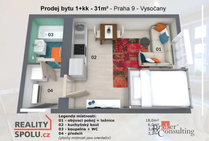 Pronájem bytu 1+kk, Praha - Vysočany, Novovysočanská, 31 m2