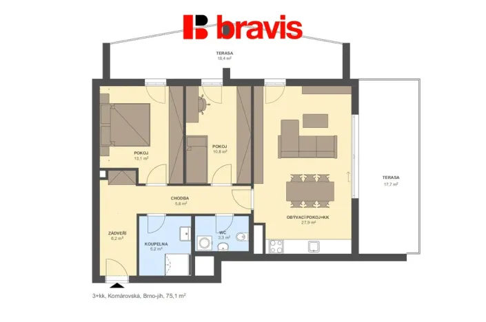 Pronájem bytu 3+kk, Brno - Komárov, Komárovská, 72 m2