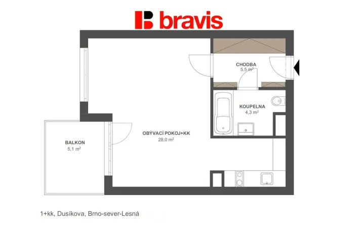 Pronájem bytu 1+kk, Brno - Lesná, Dusíkova, 38 m2