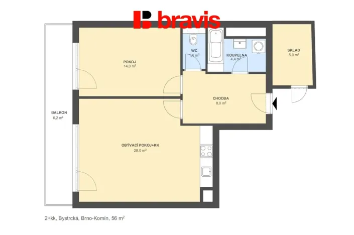 Pronájem bytu 2+kk, Brno - Komín, Bystrcká, 55 m2