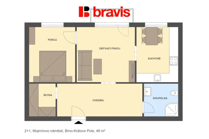 Pronájem bytu 2+1, Brno - Královo Pole, Mojmírovo náměstí, 48 m2