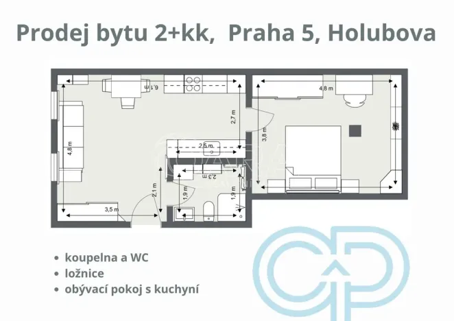 Prodej bytu 2+kk, Praha - Smíchov, Holubova, 48 m2