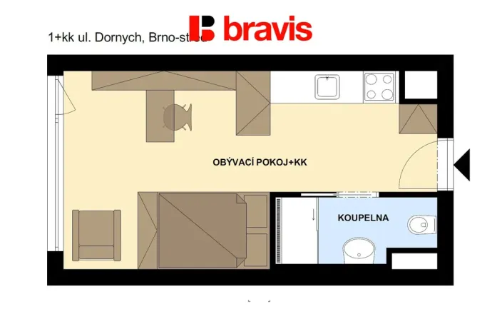 Pronájem bytu 1+kk, Brno - Trnitá, Dornych, 24 m2