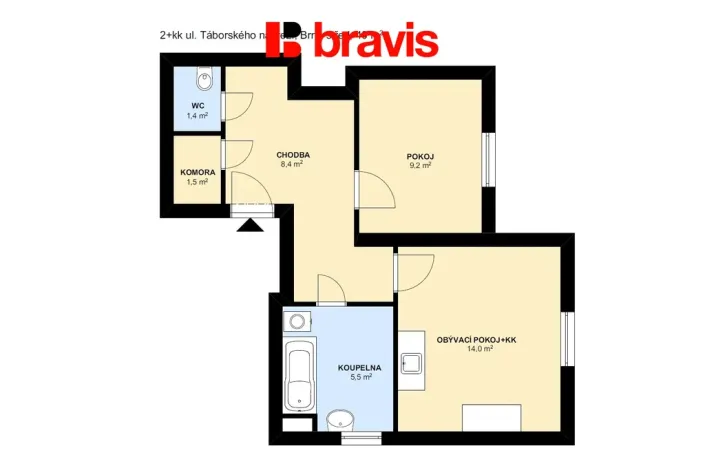 Pronájem bytu 2+kk, Brno - Štýřice, Táborského nábřeží, 40 m2