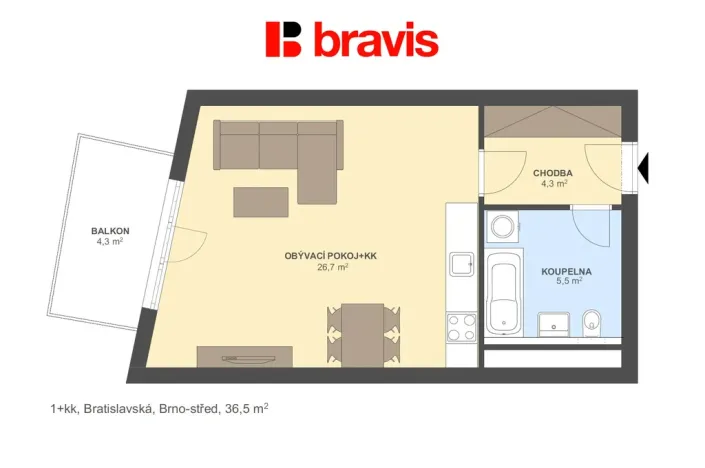 Pronájem bytu 1+kk, Brno - Zábrdovice, Bratislavská, 36 m2