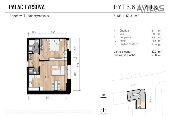 Pronájem bytu 2+kk, Benešov, Tyršova, 57 m2