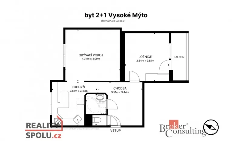 Prodej bytu 2+1, Vysoké Mýto, Ležáků, 56 m2