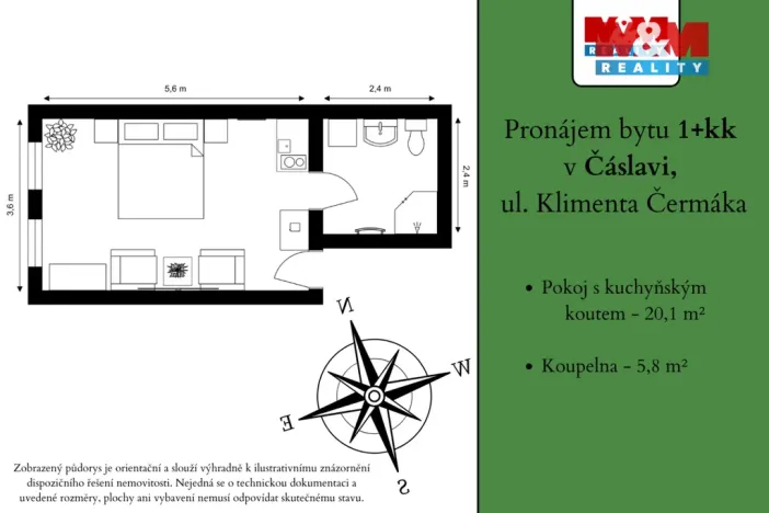 Pronájem bytu 1+kk, Čáslav - Čáslav-Staré Město, Klimenta Čermáka, 26 m2