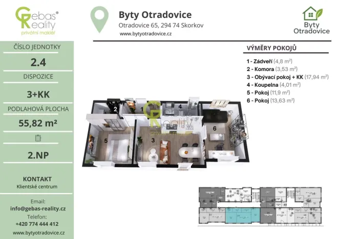Prodej bytu 3+kk, Skorkov - Otradovice, 56 m2