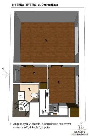 Pronájem bytu 1+1, Brno - Bystrc, Ondrouškova, 33 m2