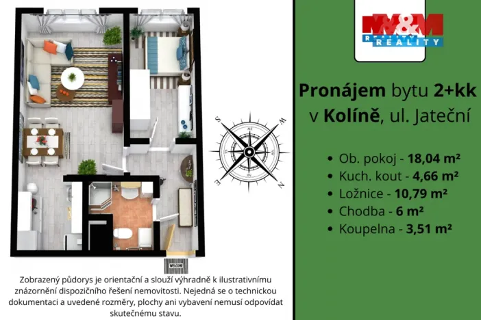 Pronájem bytu 2+kk, Kolín - Kolín IV, Jateční, 43 m2