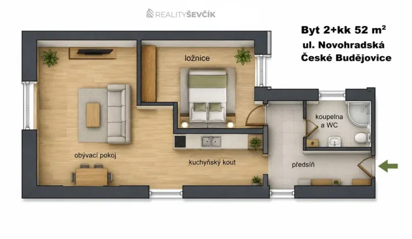 Pronájem bytu 2+kk, České Budějovice - České Budějovice 6, Novohradská, 52 m2