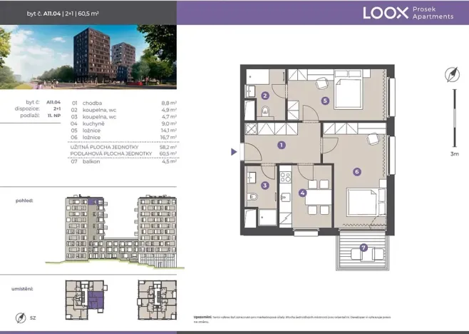 Pronájem bytu 2+1, Praha - Prosek, Litoměřická, 58 m2