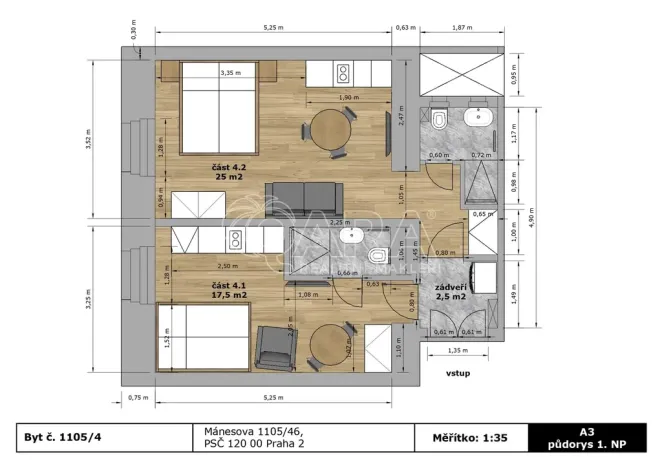 Prodej atypického bytu, Praha - Vinohrady, Mánesova, 45 m2