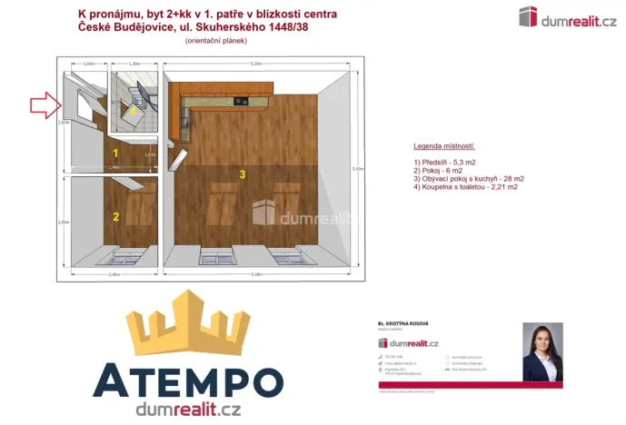 Pronájem bytu 2+kk, České Budějovice - České Budějovice 3, Skuherského, 42 m2