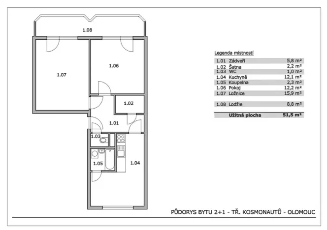 Pronájem bytu 2+1, Olomouc, tř. Kosmonautů, 51 m2