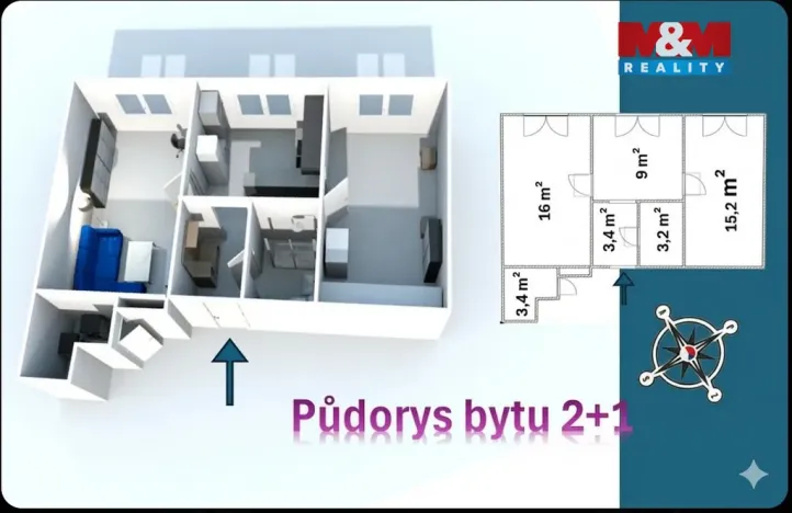 Pronájem bytu 2+kk, Pečky, Žerotínova, 46 m2