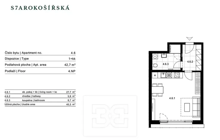 Pronájem bytu 1+kk, Praha - Košíře, Starokošířská, 43 m2