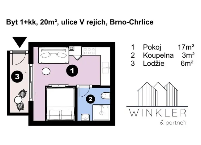 Pronájem bytu 1+kk, Brno, V rejích, 20 m2