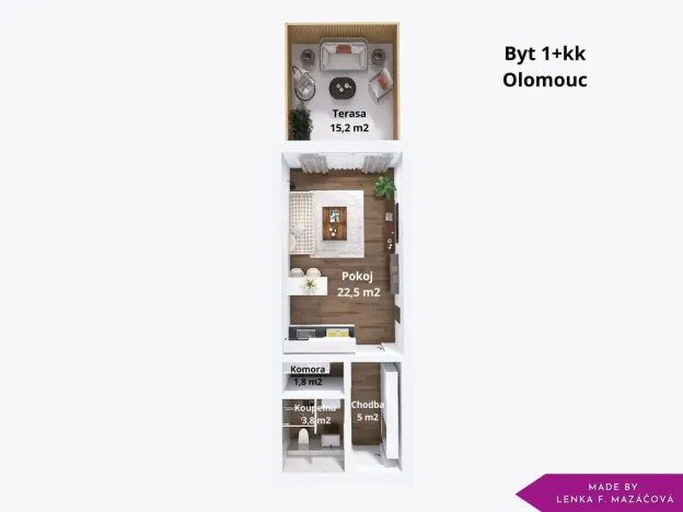 Pronájem bytu 1+kk, Olomouc - Nové Sady, Rokycanova, 35 m2