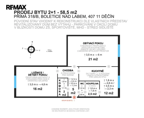 Prodej bytu 2+1, Děčín - Děčín XXXII-Boletice nad Labem, Přímá, 58 m2