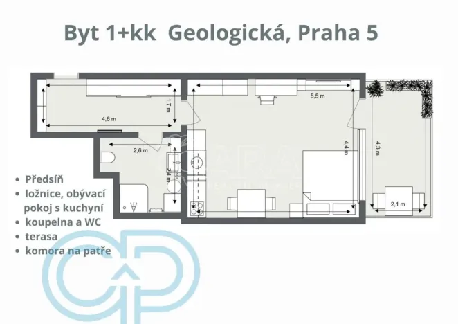 Prodej bytu 1+kk, Praha - Hlubočepy, Geologická, 48 m2