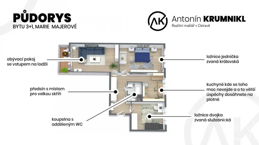 Pronájem bytu 3+1, Ostrava - Poruba, Marie Majerové, 70 m2