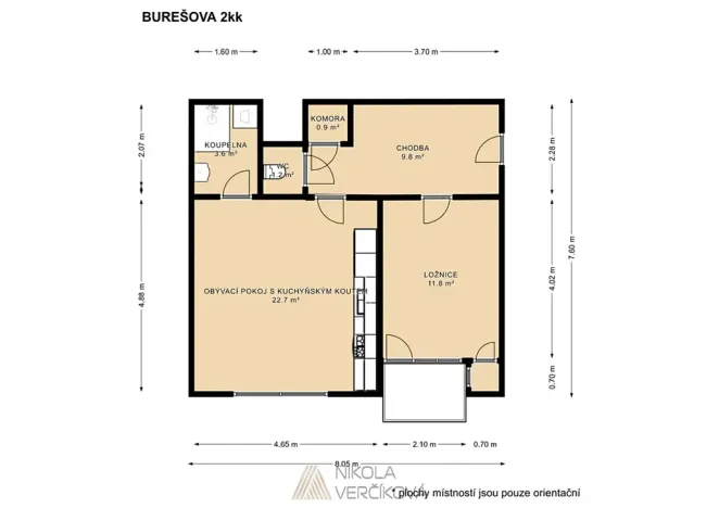 Pronájem bytu 2+kk, Brno, Burešova, 53 m2