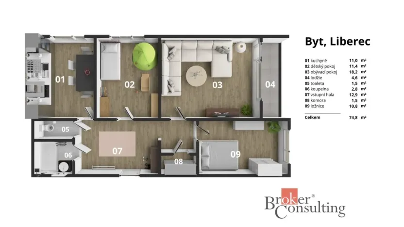 Prodej bytu 3+1, Liberec - Liberec VI-Rochlice, Halasova, 74 m2
