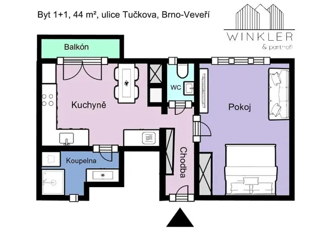 Pronájem bytu 1+1, Brno, Tučkova, 44 m2