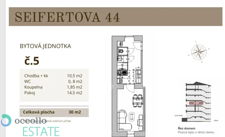 Pronájem bytu 1+kk, Praha, Seifertova, 30 m2