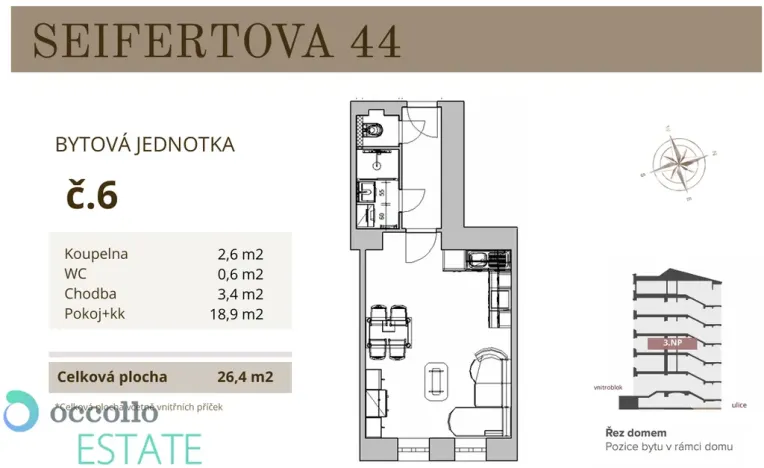 Pronájem bytu 1+kk, Praha, Seifertova, 26 m2