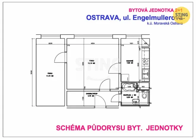 Pronájem bytu 2+1, Ostrava, Engelmüllerova, 44 m2