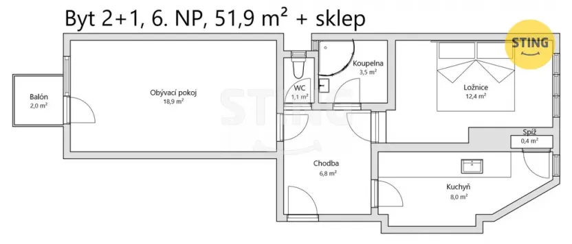 Prodej bytu 2+1, Brno, Příkop, 50 m2